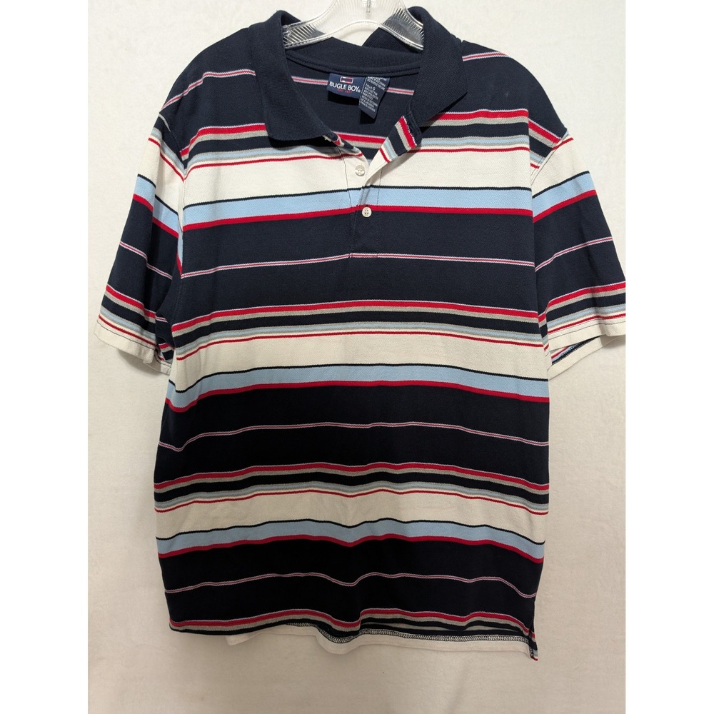 Bugle Boy Mens Large Polo Shirt Navy Blue Red Striped Short Sleeve Pique Knit